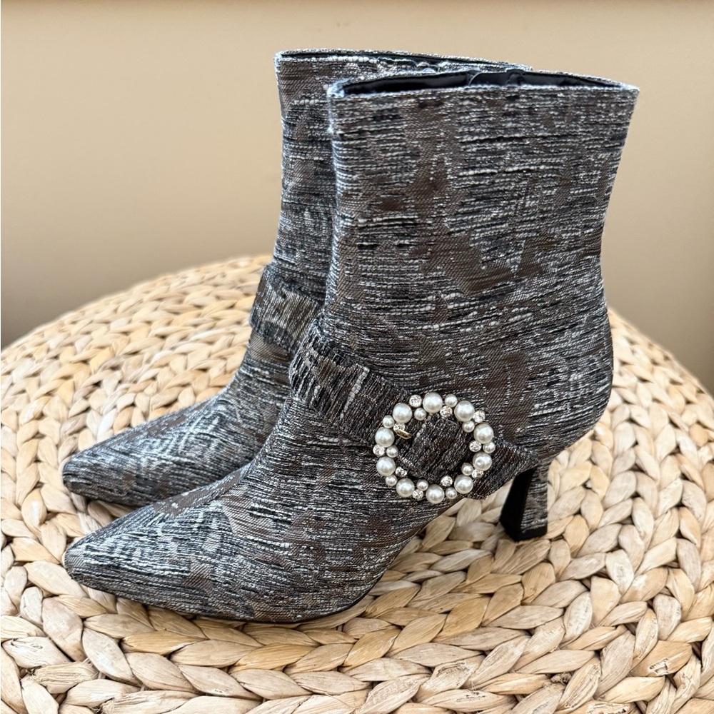 Alex Marie silver/bronze metallic ankle boots with pearl buckle